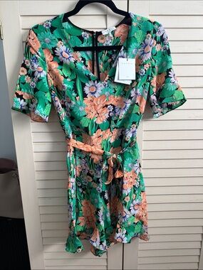 Sandro Green Floral Tie-Waist Romper with Peach and White Blooms size 4